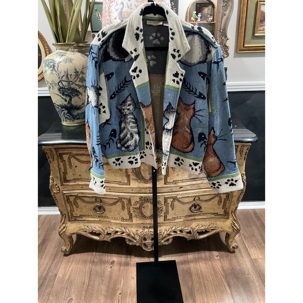 Painted Pony Vintage Cat Tapestry Jacket Blue Paw Print Woven Cardigan USA Made